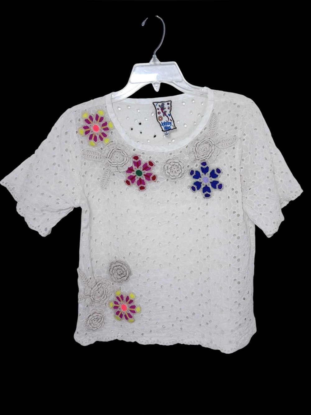 Johnny Was Nydia Applique Top Natural White Eyelet Crochet Floral Boho - Picture 10 of 10